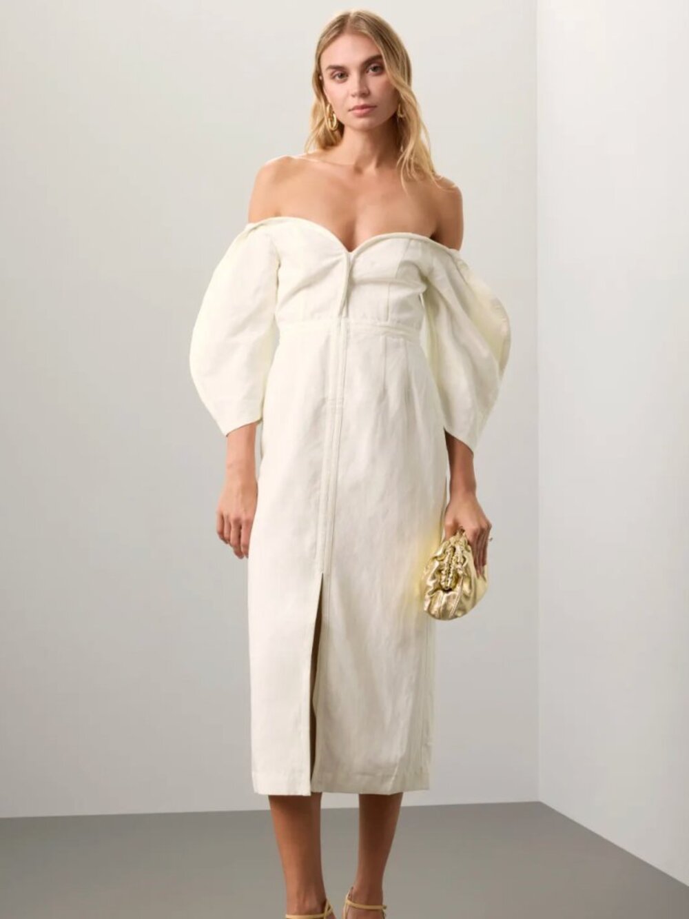 Off-Shoulder Ivory Midi Dress with Puff Sleeves